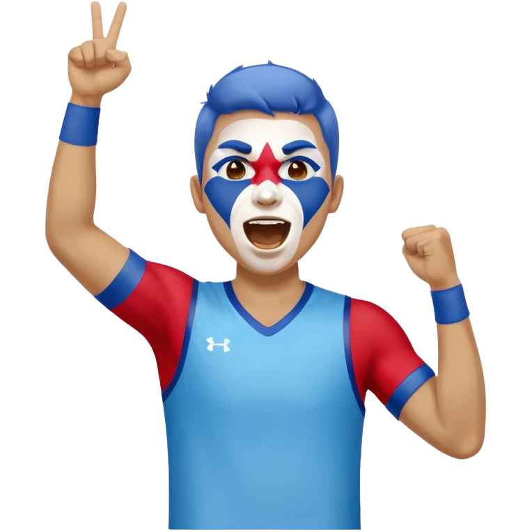 A man with half-blue, half-white face paint, shouting proudly while cheering emoji