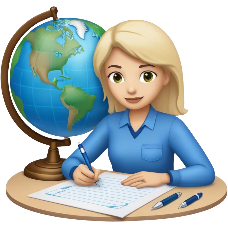 Create an emoji representing language translation. The design should feature just one globe in the background, symbolizing international communication. In front of the globe, place two books or sheets of paper with texs on them and a pen nearby to indicate the act of writing. Use a clean and professional color palette with blues, greens, and neutral tones. Make the background transparent. emoji