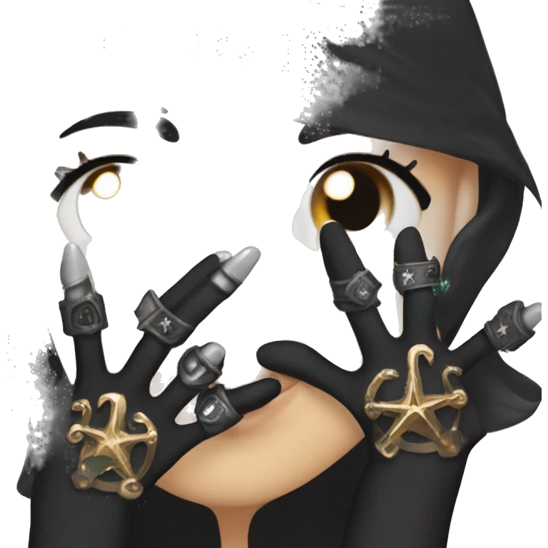 hand wearing a black glove with a claw-like manicure or adorned with rings with magical symbols. emoji