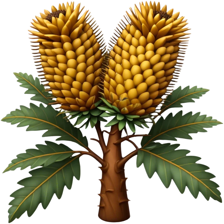 Cinematic Realistic Banksia Emoji, Bold and striking, with spiky, cylindrical flower heads covered in rich golden hues. The leaves are thick and leathery, adding a sense of strength to this unique and iconic tree. Soft glowing outline, capturing the essence of Australian ruggedness and floral beauty in a distinctive banksia tree! emoji