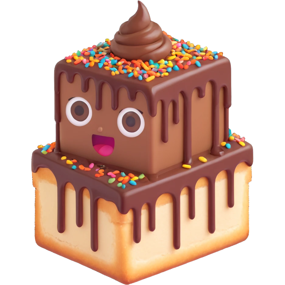 Rectangular chocolate mini pastry, messy chocolate dripping, sprinkles flying, surprised eyes, open mouth, text above: "ПАСТИЧКА", chibi style, Twitch emoji style, transparent background, colorful
 emoji