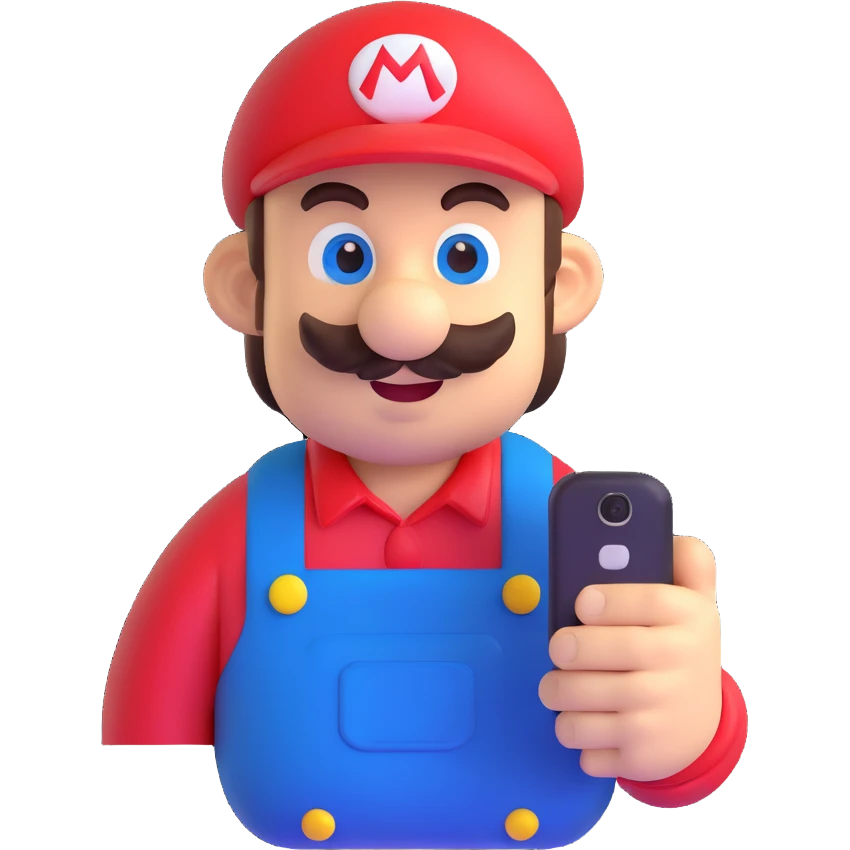 Mario character using a cell phone emoji