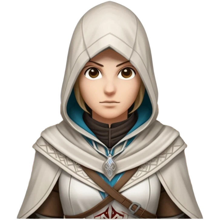icon featuring Assasin's Creed in an iconic assassin's hood, standing tall. Florence is on background. The design captures the essence of adventure, with intricate details of historical architecture and a sense of mystery. The character is poised, ready for action. transparent background. emoji