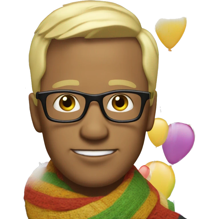 celebrate white man with squared glasses blond hair, no beard, wearing a scarf and balloons in the background emoji
