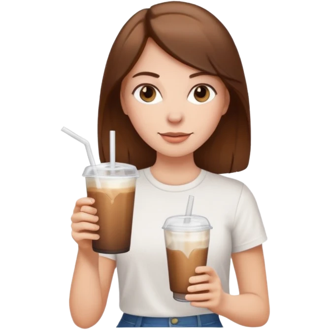 A white girl with brown hair and wearing a white tee holding an ice coffe emoji
