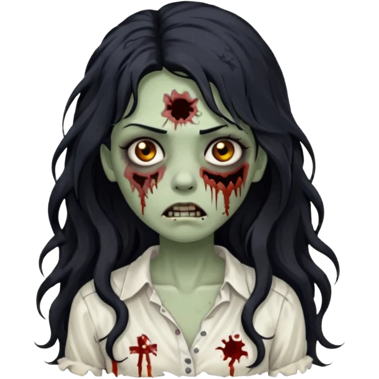 garota zumbi com cabelo preto ondulado longo blusa branca emoji