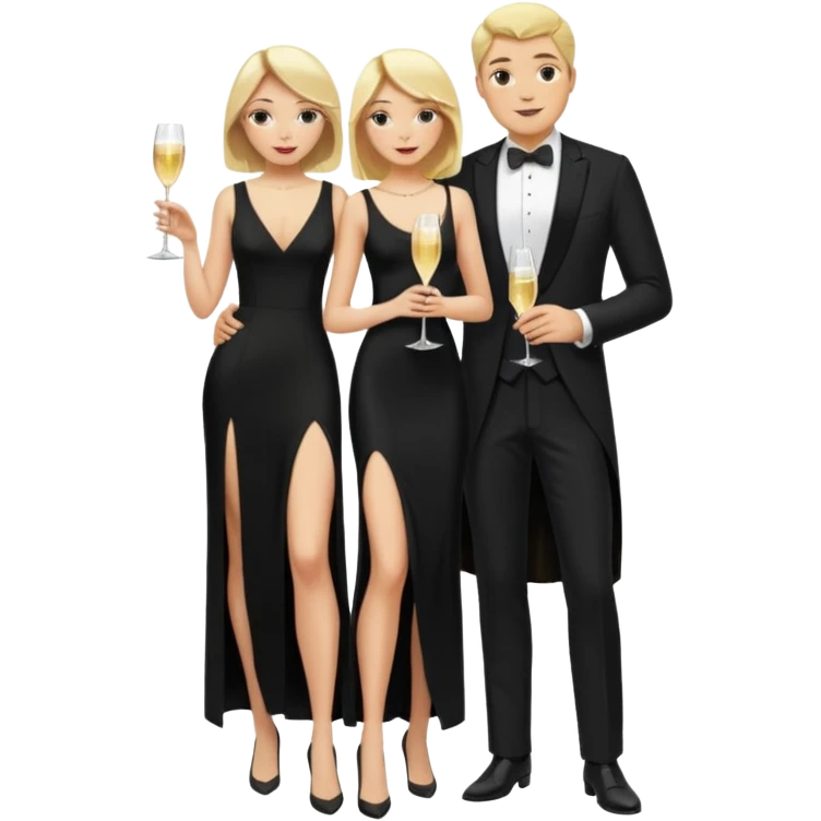 Blonde Woman, Long black slipdress, Slot left Leg,man black Cut,fly, Champagner glas emoji