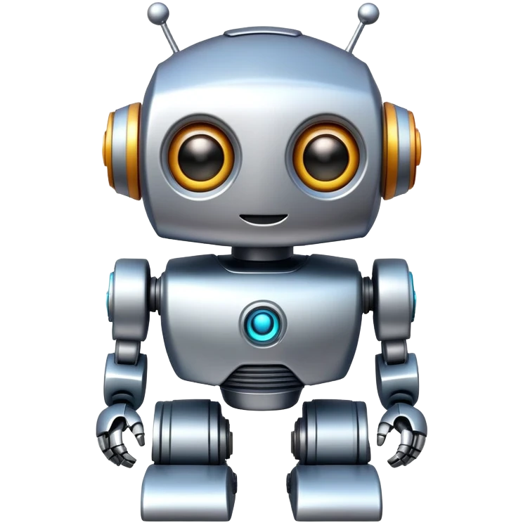 A toy robot with big eyes and a happy expression emoji