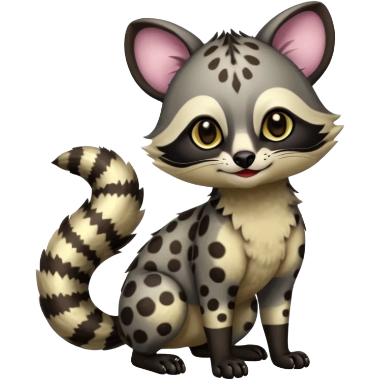 A Colorful exotic tropical tribal cute happy realistic esoteric patterned fluffy furry dark civet-cacomistle-genet-oncilla-Fakémon-fursona-hybrid-fusion-animal-creature, full body, 4-legged emoji