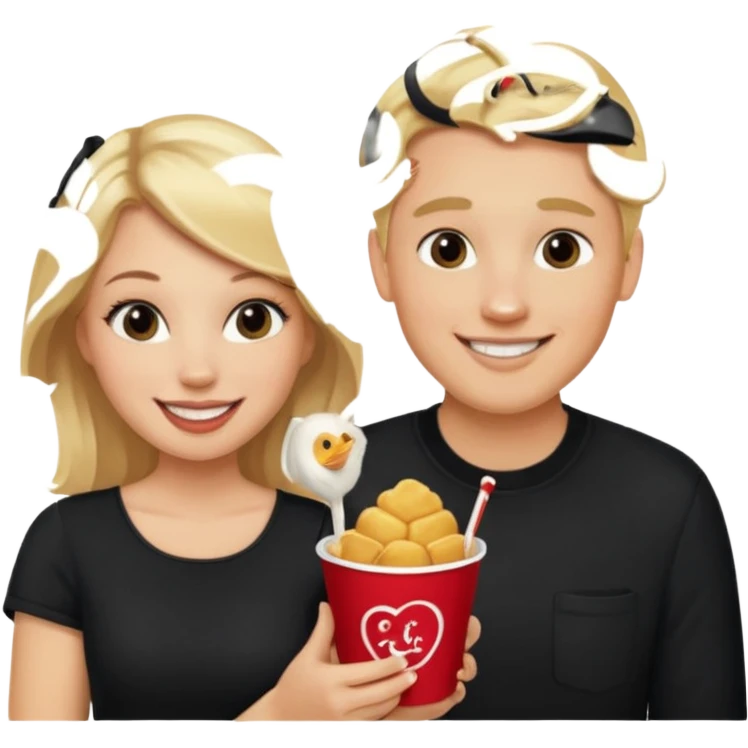 Couple with blonde hair wearing black eating chick filet  emoji