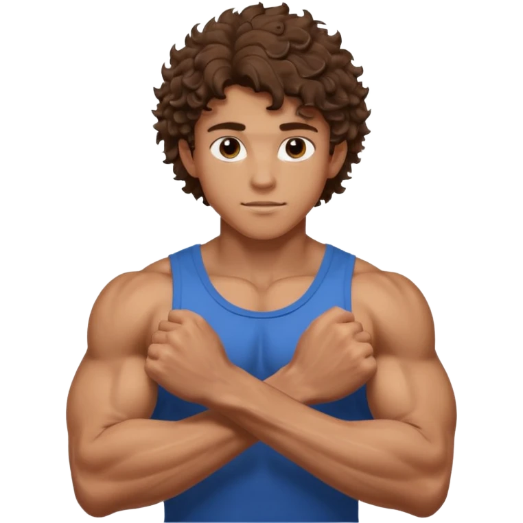 muscular teen boy with veiny hands arms and biceps. has messy curly hair with tan skintone emoji