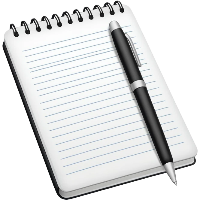 Front-facing notebook icon with a pen on the right side, minimal line-art, clean modern style, perfectly straight angle (no tilt), simple outlines, slightly 3D, no background, transparent, “documenting / journaling / tracking progress emoji