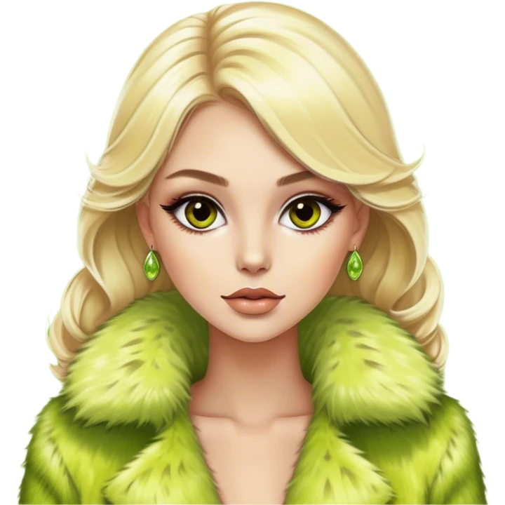 Blonde model with brown eyes, lime green fur coat, luxury makeup emoji