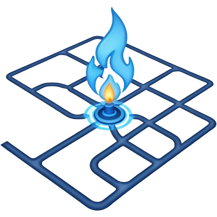 a map with a glowing blue flame on the x and networking paths emoji