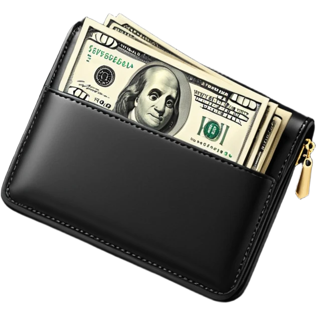 Rich emoji style black leather wallet with dollar bills, luxury money vibe, premium 3D emoji, ultra clean, high detail, no background
 emoji