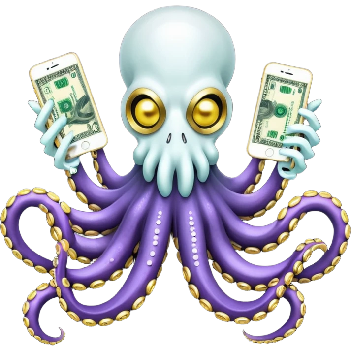Intimidating octopus with pearl black skin, neon suction cups. Evil glaring eyes. Wearing white face mask and thick gold chain. 2 tentacles are holding their own cellphone, 2 more tentacles are holding stacks of money. emoji