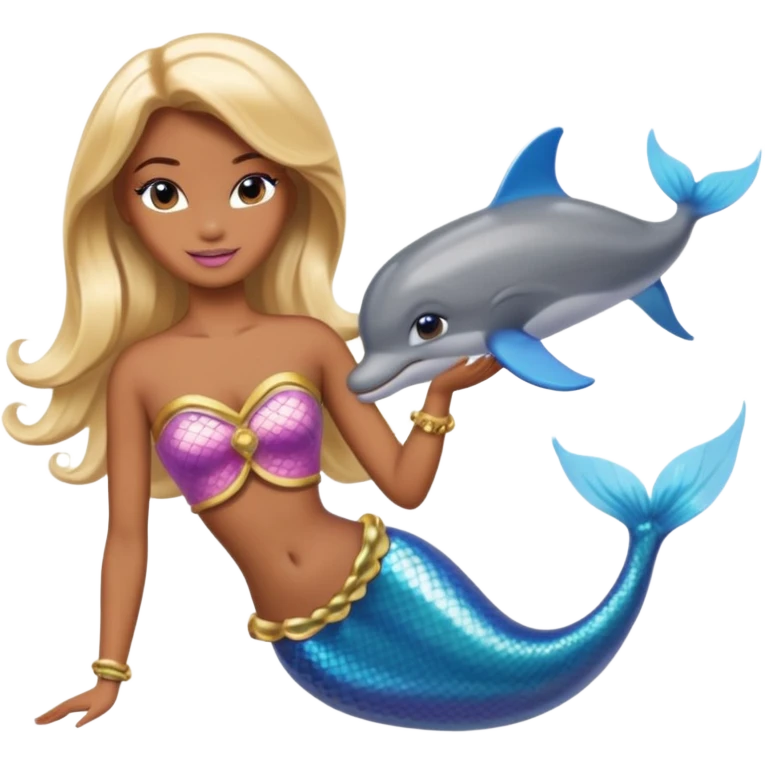 Brown skin blonde hair barbie mermaid with dolphin  emoji