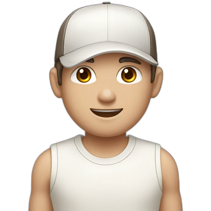 Pale skinned fit Man with dark brown hair in a white cap, gray jeans and beige polo T-shirt keeping a pasted box into his hands emoji