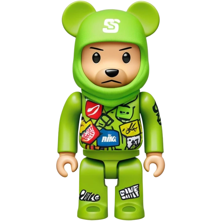 bearbrick toy with cubic head wearing a lime green balaclava covered in multiple street brand logos like Supreme, Nike, Adidas, Off-White in graffiti style, chaotic and adventurous logo placement, expressive eyebrows emoji