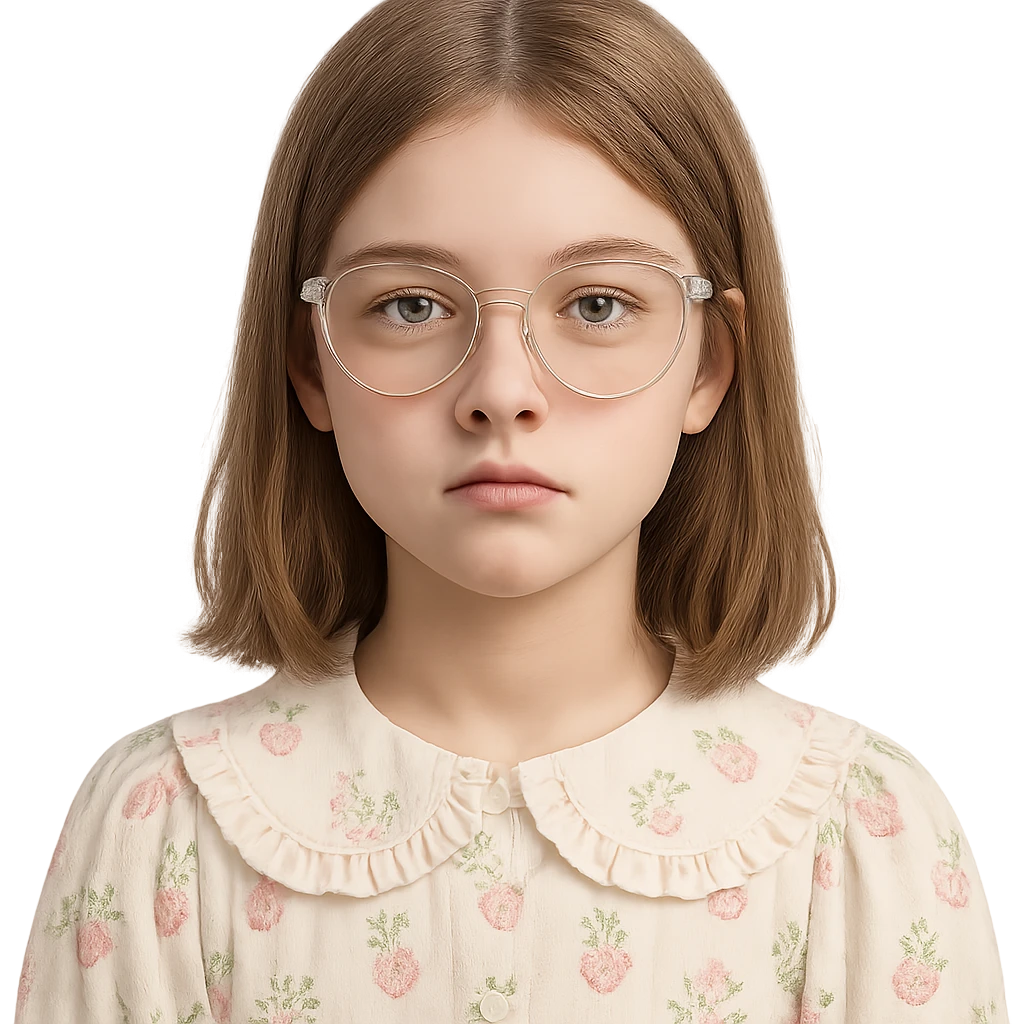 teen girl with clear glasses, shoulder length light brown hair, cute core style, neutral expression, no smile emoji