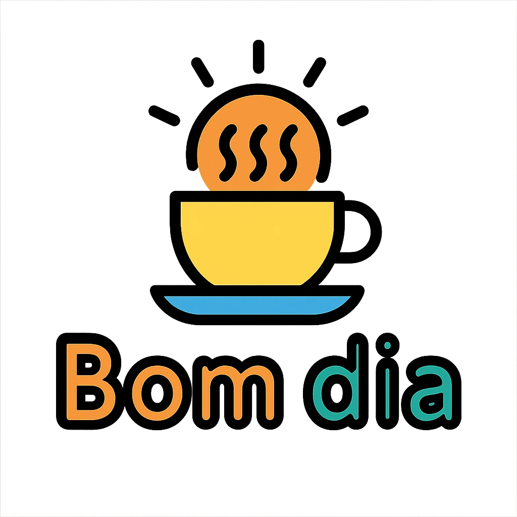 the phrase 'Bom dia' in a colorful, friendly icon style with a coffee cup or breakfast symbol emoji