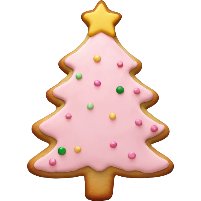 christmas tree cookie with light pink icing and light pink sprinkles and a pastel pink star  emoji