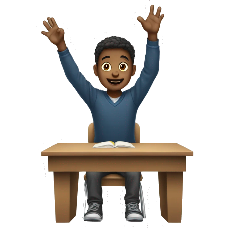 boy is sitting at school desk, hand is raised emoji