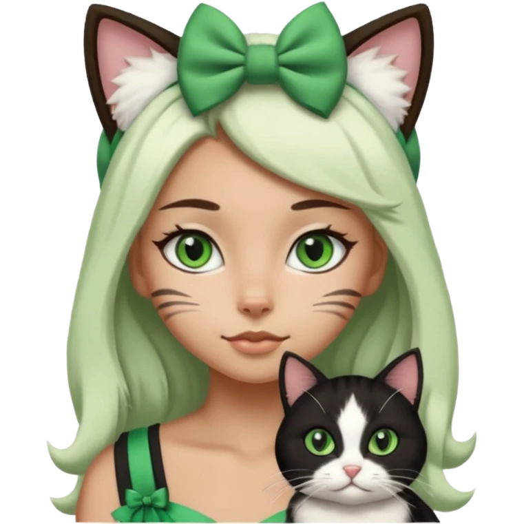A black and white cat with green eyes she’s a girl she has a bow on her head she’s kinda fluffy  emoji