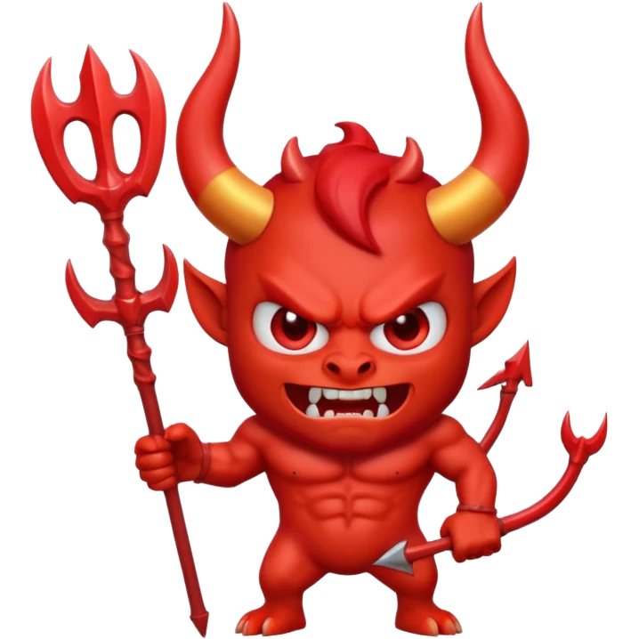 cute 3D red devil emoji, muscular cartoon devil, glossy skin, big curved horns, angry cute face, sharp teeth, holding trident, emoji style, soft lighting, smooth texture, clean background, high quality, digital art emoji