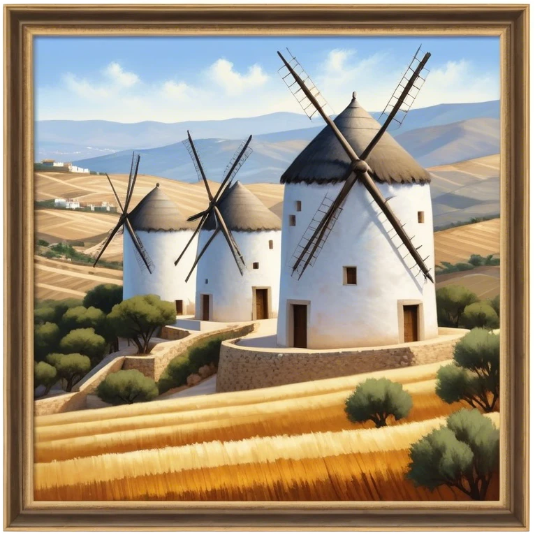 ​Cinematic Realistic Spanish Windmills (Mota del Cuervo), depicted as a cluster of gracefully aged windmills with weathered whitewashed facades and rustic wooden sails, standing proudly on a sunlit, rolling hillside of golden fields and olive groves, rendered with intricate textures and soft natural lighting that captures the timeless rural charm and historical significance of the Spanish landscape, emoji