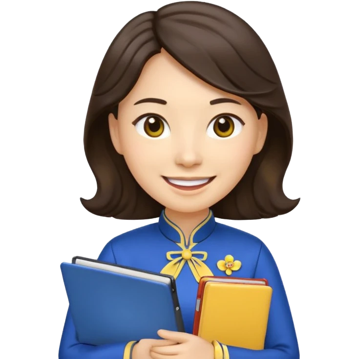 Teacher emoji but : wavy (not straight) dark brown hair, light skin, no glasses, dark eyes, with a computer folder in the hand (color is yellow), being a teacher, wearing a chinese qipao ( dark blue), smile with teeth




 emoji