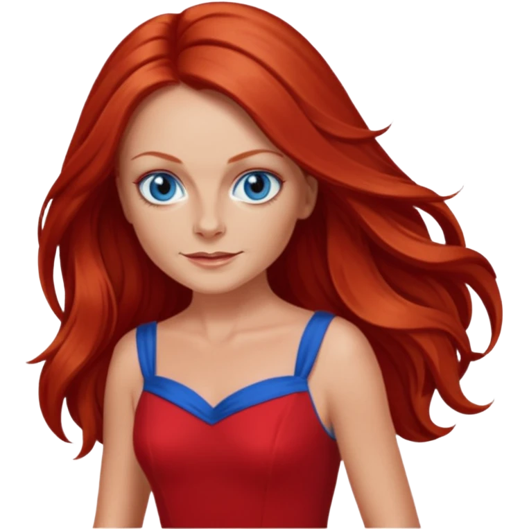 Geri Halliwell with red long hair, blue eyes, red outfit emoji