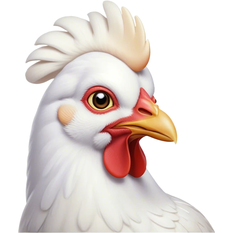 Cinematic Noble White Chicken Portrait Emoji, Poised and regal, with a compact, sturdy build and a pristine, well-groomed pure white plumage, deep-set soulful beady eyes, Simplified yet sharp and sophisticated features, highly detailed, glowing with a soft, dignified glow, high shine, intelligent and alert, stylized with an air of barnyard elegance, focused and attentive, soft glowing outline, capturing the essence of a watchful and confident fowl, so majestic it feels as though it could strut out of the screen with effortless authority! emoji