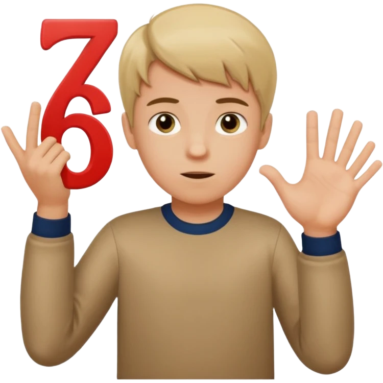 A boy shrugging with the number 6 over one hand and the number 7 over the other  emoji