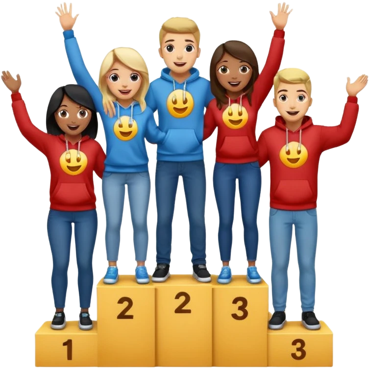 multi-racial men and women standing on a winners’ podium with the middle podium position elevated, casually dressed in fun clothing like jeans, t-shirts, and hoodies, excited, fun, expressive emoji style emoji