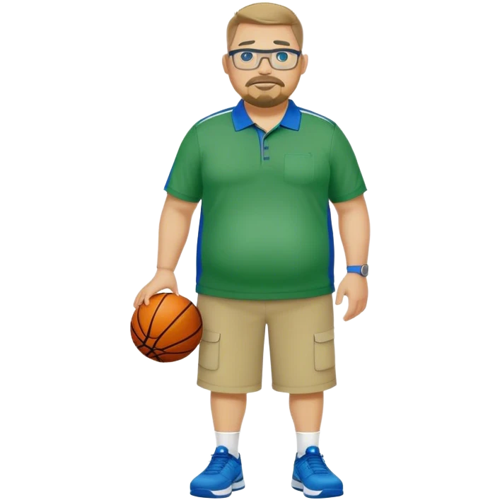  full body white obese male basketball coach with trophy. Goatee , Wearing glasses and blue and green nike polo shirt and khaki pants emoji