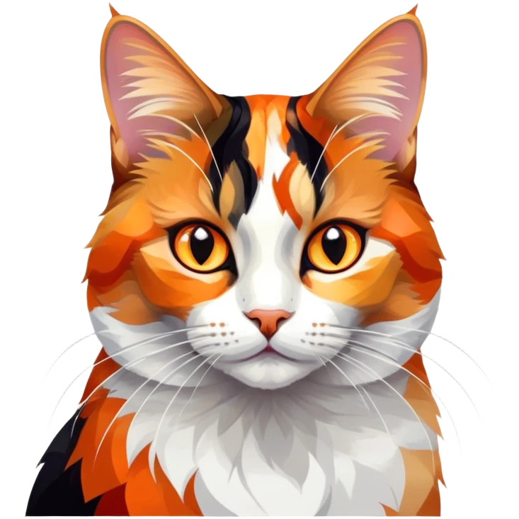 cinematic-noble-calico-cat-portrait-emoji,-poised-and-regal,-with-a-striking-patchwork-fur-in-vibrant-orange,-black,-and-white-hues premoninantly black,-delicate-whiskers-and-a-refined,-relaxed-gaze,-simplified-yet-exquisitely-detailed,-glowing emoji