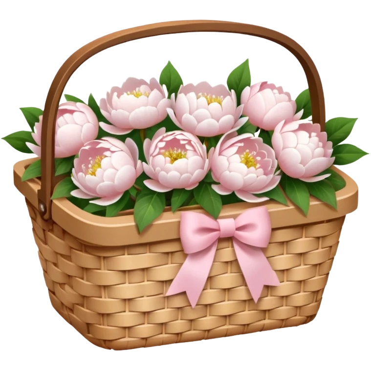 White Picnic basket with light pink bow and white peonies inside emoji