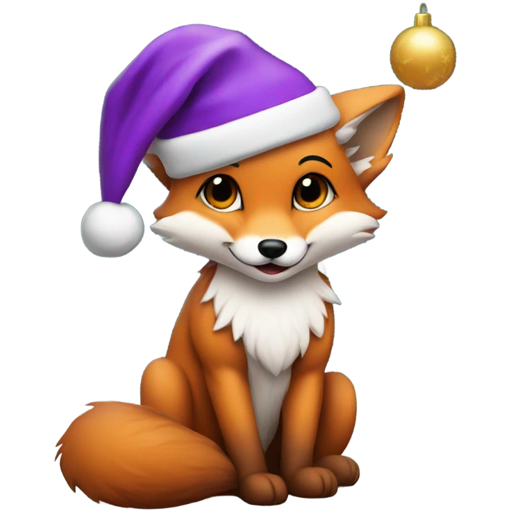 Baby fox wearing purple Santa hat sitting next to a  Christmas tree   emoji