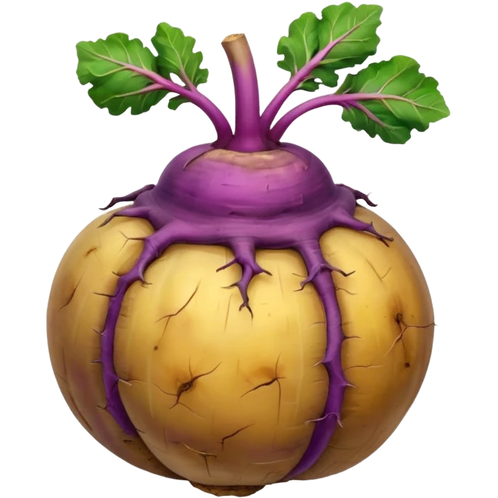 whole rutabaga root, rounded bulbous shape, rough textured skin, mottled purple beige yellow tones, trimmed stem remnants, faint root hairs, fresh earthy, soft lighting, subtle shadows, emoji scale, transparent background emoji