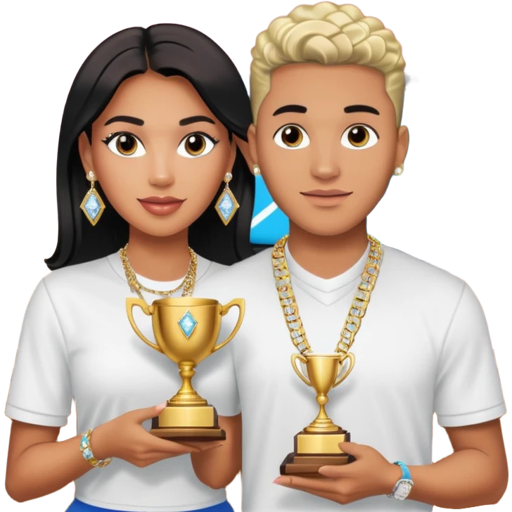 Internet celebrity Josh King Madrid jetset wearing shiny diamond earrings and sparkly iced out diamond tennis necklace chains with Instagram model girl tefi valenzuela sitting with him holding gold internet celebrity trophy on tv show in Miami emoji