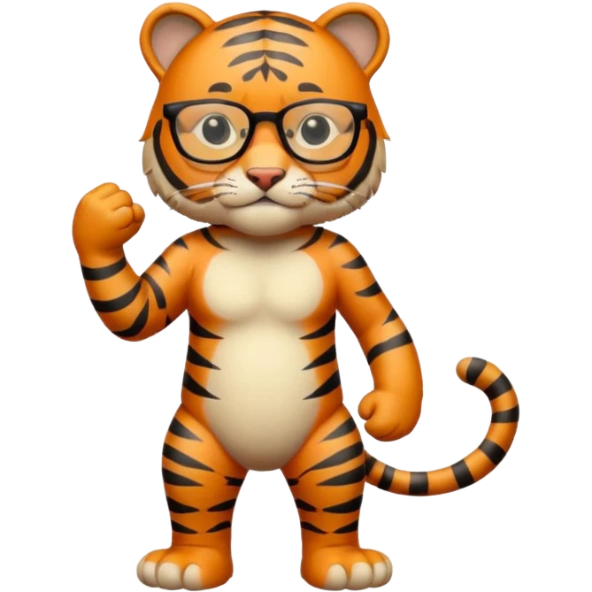 un tigre con gafas parado en dos patas con la mano en la derecha haciendo firme emoji