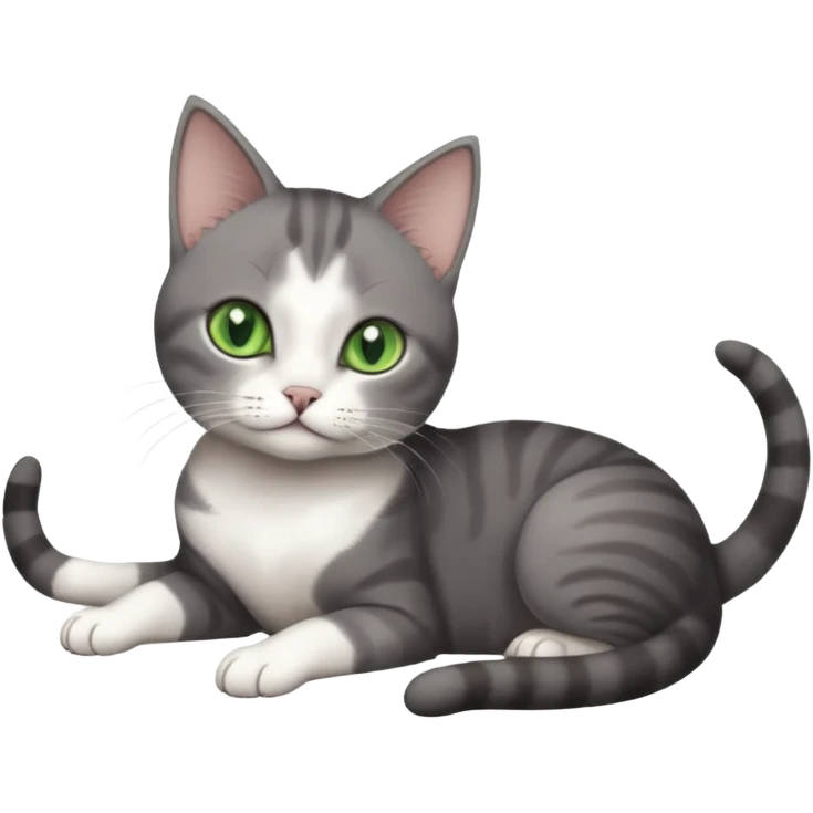 full body tiny short hair dark grey and white cat with white front legs and green eyes lying down emoji