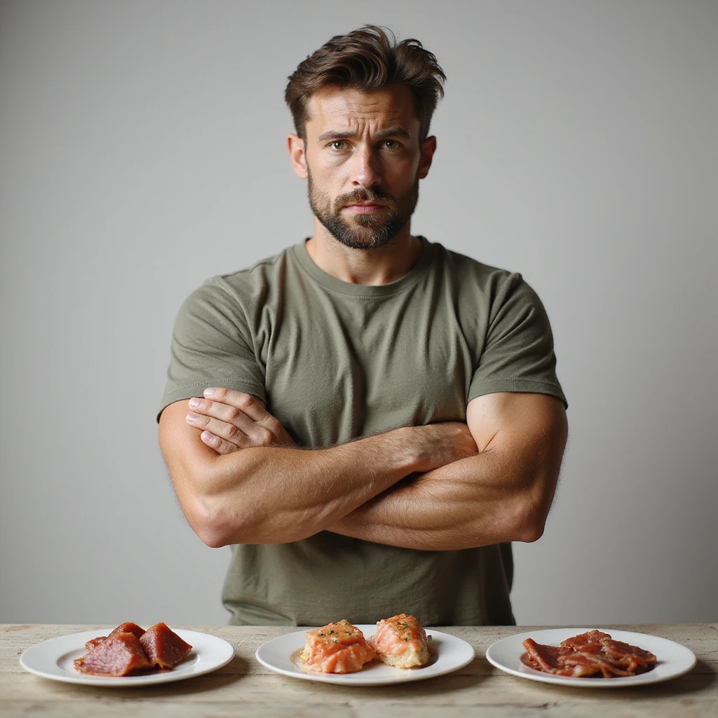 adult man refusing sushi, salami and cold cuts, annoyed look, arms crossed in front of the plates, realistic style, neutral background emoji