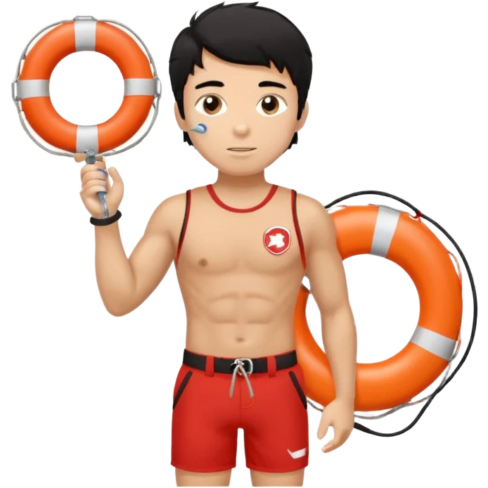 Tan Muscular lifeguard teen boy with rescue buoy and whistle messy black hair emoji