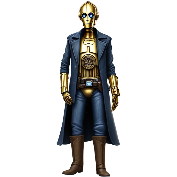 tarnished undercover tough well-equipped Jedi  life-sized darkblue-pearl C3po leather clothing pants and vest old west duster coat holding light saber sheriff emoji