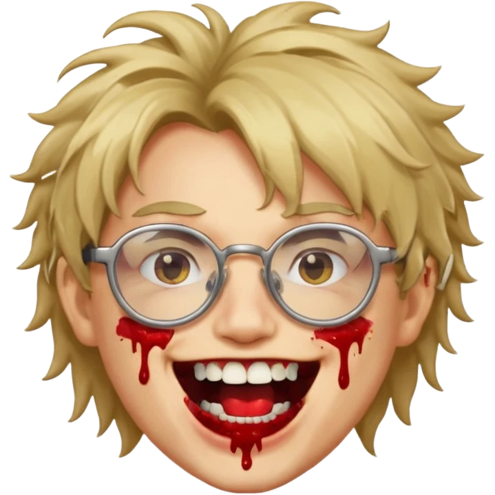 Cabelo bagunçado com oculos sorrindo com metade do rosto com dente de ouro e saindo sangue da boca  emoji