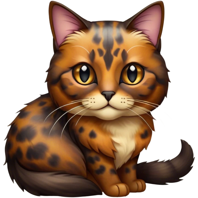 Cinematic Noble Tortoiseshell Cat Portrait Emoji, Poised and dignified, showcasing a luxurious, mottled fur of rich browns and blacks, with elegantly arched whiskers and a determined yet gentle expression, simplified yet meticulously detailed, glowing with a subtle, regal radiance, high shine, embodying quiet nobility and refined charm, soft glowing outline, capturing the essence of a sophisticated tortoiseshell cat exuding quiet authority! emoji