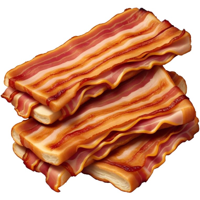 Cinematic crispy sizzling bacon, slightly curled, golden-brown with a perfect crunch, glistening with rich flavor, deep warm tones, served on a breakfast plate, comforting and indulgent. emoji