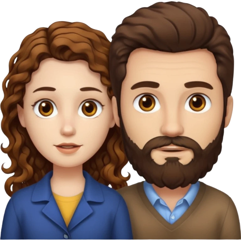 Criar Casal - Homem branco de cabelo liso e olhos marrom, com barba e mulher de pele branca cabelo cacheado marrom longo e olhos mel emoji